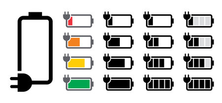 Battery charging with plug. charge indicator or level Battery status. Power running low up. Vector...