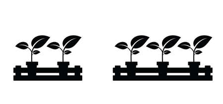 Plant with wooden box. Cartoon garden plant in ceramic pot. Vector icon or pictogram. Flower pots, springtime gardening, farming. Potted plants silhouette. Leaf, growing tree. Flowerpot or houseplant logo.のイラスト素材