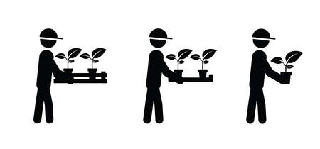 Stickman, stick figure walking with Flowerpot or houseplant. Plant with box. Cartoon garden plant in ceramic pot. Vector flower pots, springtime gardening, farming. Potted plants silhouette. Leaf, growing tree.のイラスト素材