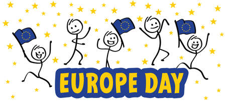 Europe flag with confetti. Happy stickman or stick figure man. Europe Day. Vector cartoon calendar. May 9, 1945 marks the unification of Europe after the Second World War. the anniversary of the European Union.のイラスト素材