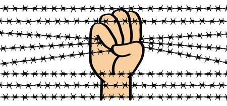 World refugee day, Cartoon hand holding barb wire. Clenched fist with barbed wire, resistance and revolution symbol concept. No more slavery. Day of abolitionism. abolition. Illustration on the theme of dictatorship and the Holocaust. camp.のイラスト素材