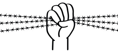 World refugee day, Cartoon hand holding barb wire. Clenched fist with barbed wire, resistance and revolution symbol concept. No more slavery. Day of abolitionism. abolition. Illustration on the theme of dictatorship and the Holocaust. camp.のイラスト素材