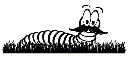 Cartoon happy worm with mustache or beard in grass. crawling worm. Vector crawl or creep earthworm. Worms, insect with cute face and big eyes, earth worm mascot. creeping insects. Chip food.のイラスト素材