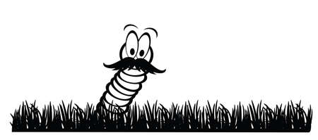 Cartoon happy worm with mustache or beard in grass. crawling worm. Vector crawl or creep earthworm. Worms, insect with cute face and big eyes, earth worm mascot. creeping insects. Chip food.のイラスト素材