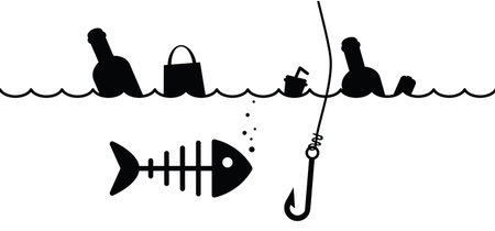 Go fishing day. Sea Garbage. No trash, no plastic bottles or bag pollution in ocean or sea. Fishbone...