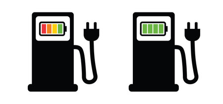 biofuel. Filling pump station. Electrical cable plugs for auto or car. Electric plug charge charging point area, cable battery cars station. Pin point, pin location. Hybrid car.のイラスト素材