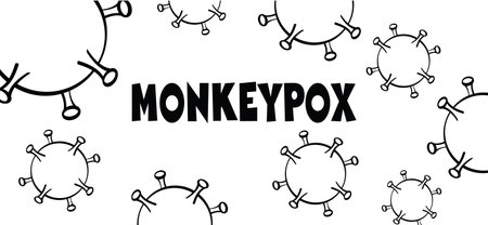Monkeypox or monkey pox viral disease icon or logo. Virus outbreak pandemic. Disease spread, symptoms or precautions icon.のイラスト素材