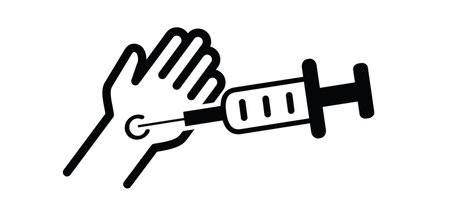 Cartoon, comic injection in hand. Needle spiking. Antiviral virus vaccine. Vector icon or symbol. Antiviral virus vaccines for preventing epidemic, booster shot. Inject or injection for diabetes.のイラスト素材