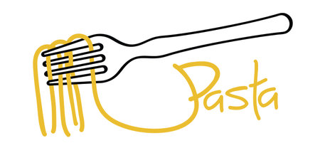 Word pasta or spaghetti day, Italian food such as: noodles, vermicelli, rotini, fusili, tortellini, linguini, conchiglie, fettucine, penne, capellini. Traditional Italian ddishes. Fast food with fork.のイラスト素材