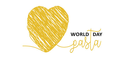 Word pasta or spaghetti day, Italian food such as: noodles, vermicelli, rotini, fusili, tortellini, linguini, conchiglie, fettucine, penne, capellini. Traditional Italian ddishes. Fast food with love, heart.のイラスト素材