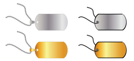 Metal steel plate or stainless, gold and silver. Army soldier military badge name label. Engraved pendant for identification, blood type. Vector cartoon identity tags. Pair of dog tags. dog tags or id tag icon or icon.のイラスト素材