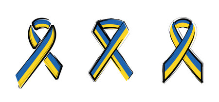 Cartoon Ukraine wave ribbon. Logo symbol Blue and yellow ribbon. Mourning Ribbon Flag. Ukraine and Russia military conflict. Solidarity, the world is walling in love with Ukraine.のイラスト素材