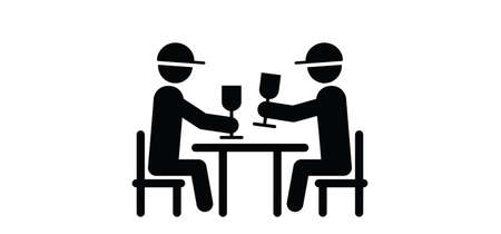 Cartoon stickman, stick figure having a toast. Two humans people are talking at the table and having drinks showing cheers posture. kitchen table.のイラスト素材