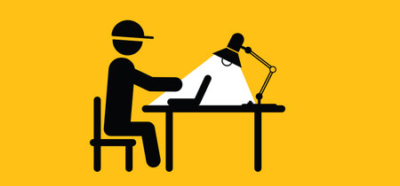 Cartoon stickman, stick figure with table, laptop and office desktop lamp. Deadline loading symbol. People are working to works at home workplace and lightbulb. Office worker, blogger typing or writing on computer.のイラスト素材