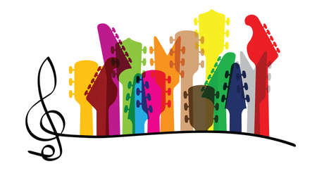 Cartoon electric, guitars headstock Rock music guitar necks or head silhouette Vector icon or logo. Musical, acoustic entertainment. Guitar head symbol. Bass Guitar headstock or peghead silhouette.のイラスト素材