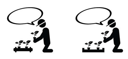 Cartoon stickman, stick figure and speed bubble or speech bubble. Vector gaerdener icon or pictogram. Garden maintenance tools. Flower pot icon. Leaf, growing tree. Flower pot or house plant eco.のイラスト素材