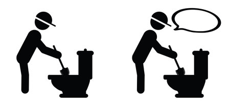 Toilet brush, please keep toilet clean. Toilet icon or pictogram. Toilet seat tag. Restroom or bathroom symbol or logo. Vector toilets man or woman urinate to cleanup. toilet equipment.のイラスト素材