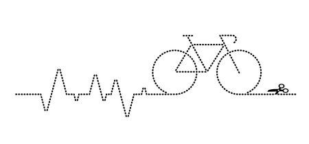 Heartbeat line pulse. Scissor's cut lines. Cartoon cycling dots line pattern. Sports cyclist symbol or logo. Funny vector bike dot lines. Cutting scissors silhouette. Dotted coupon.のイラスト素材