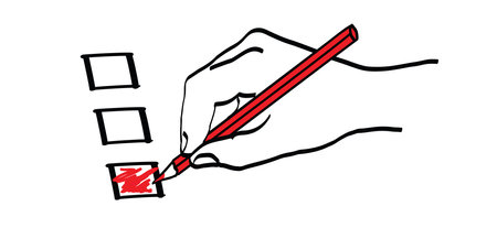 To do list, Bucket list or for election. Hand holding red pencil with red cross, line pattern. Line draw brushes. Check mark, pen icon or symbol. Crayon's colored pencil.のイラスト素材