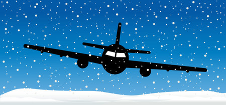 Snow landscape, snowy sky. Landing, soaring air plane line path. Take off airplane, flight route. Vector aircraft background sign. Vacation, holiday winter sports. christmas, xmasのイラスト素材