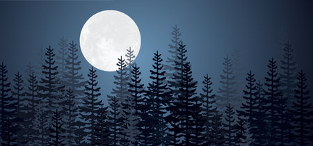 Cartoon night starry skyline. Big moon in full moon light and stars. and full moon. Vector Moonlight evening alchemy astrology symbol. Trees and stars.のイラスト素材