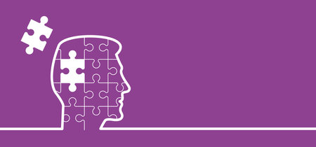 Head, face and jigsaw puzzle pieces. World Alzheimer's Day. People suffering from the brain disease and memory loss, for neurology, mental illness. Alzheimer's disease symptoms. June or Septemberのイラスト素材