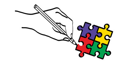 Head, face and jigsaw puzzle pieces. Cartoon autism ribbon. Vector world awareness day. Autism spectrum disorder (ASD) is a neurological and developmental disorder with social skills.のイラスト素材