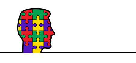 Head, face and jigsaw puzzle pieces. Cartoon autism ribbon. Vector world awareness day. Autism spectrum disorder (ASD) is a neurological and developmental disorder with social skills.のイラスト素材