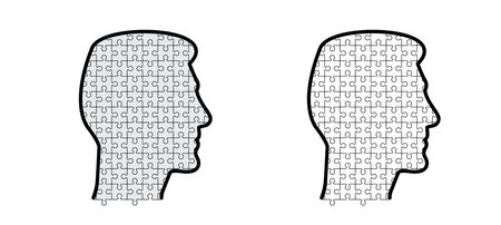jigsaw puzzle pieces, head or face human profile concept. Line pattern. Puzzle pieces icon or pictogram. Cartoon vector outline. Double flat puzzles. Close up of a puzzle game partsのイラスト素材
