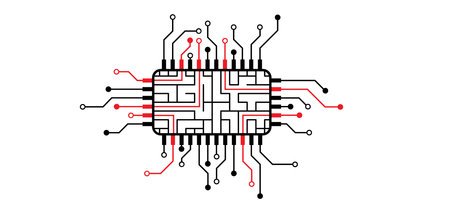 Drawing circuit board or electronic motherboard. lines and dots connect. Labyrinth maze. Find the way, labyrinth riddle. Digital chip, data output. Vector outline print.のイラスト素材