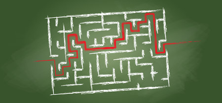 Education logic, School board green chalkboard and labyrinth maze. vector. Find the way, labyrinth riddle. Thinking game for kidsのイラスト素材