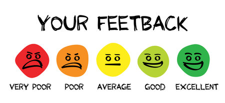 How do you rate our service. Customer, satisfaction, rating the scale. Cartoon feedback form and product quality. Service satisfaction rating. Mood from angry atisfaction symbolのイラスト素材