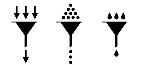 Cartoon filter funnel for oil, fuel, gasoline or diesel. Car parts Accessories. liquids car watering can symbol. Element chemistry icon with drops of water or arrowのイラスト素材