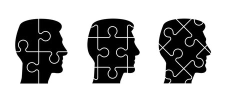 jigsaw puzzle pieces, head or face human profile concept. Line pattern. Puzzle pieces icon or pictogram. cartoon outline. Double flat puzzles. Close up of a puzzle game parts. Education idea.のイラスト素材