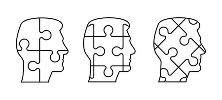 jigsaw puzzle pieces, head or face human profile concept. Line pattern. Puzzle pieces icon or pictogram. cartoon outline. Double flat puzzles. Close up of a puzzle game parts. Education idea.のイラスト素材