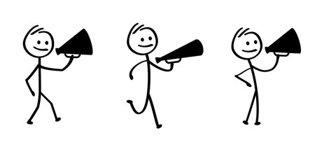 Cartoon stickman, stick figure man speakint in to the megaphone. Loudspeaker symbol. Walk or walking for protest or social media ideaのイラスト素材