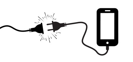 Mobile on the plug. Battery charging point, charge indicator. Level battery energy power, low up status batteries. Charge level empty loading. usb, power, cable set. electrical plug. socket, electricityのイラスト素材