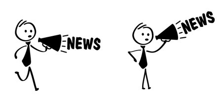 Cartoon stickman, stick figure man speakint in to the megaphone and saying hot news or breaking news. Loudspeaker symbol. Walk or walking for protest or social media, journalism idea. Live news information.のイラスト素材