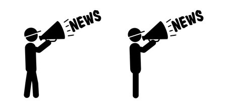 Cartoon stickman, stick figure man speakint in to the megaphone and saying hot news or breaking news. Loudspeaker symbol. Walk or walking for protest or social media, journalism idea. Live news information.のイラスト素材