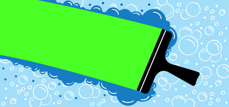 Green chrome key. window cleaning glass service, cleaning and maintenance. Windows cleaning tool. Cartoon washes, hygiene vector. Washing glass with a squeegee. Clean or cleanup tools. green screen videoのイラスト素材