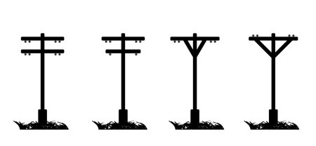 Tangent towers. High voltage pole, electric wires and telephone cable, wire line pylon, poles network. Broken electric pylons, power transmission line. Cartoon for socket, electricity cable and short circuit.のイラスト素材