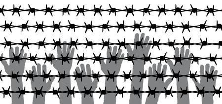 repression or oppression hand barbed wire. protest symbol. World refugee day, Cartoon hands holding barb wire. Clenched fist with barbed wire, resistance and revolution. Day of abolitionism. freedom.のイラスト素材