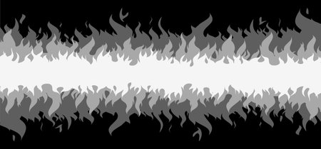 ablaze. Gray or black Fire flames. Cartoon fire or flame sign. Drawn flames pattern. Funny vector flame icon. Drawing burn, bonfire, campfire banner. Torch flame. Infernofire. Fireman's job.のイラスト素材