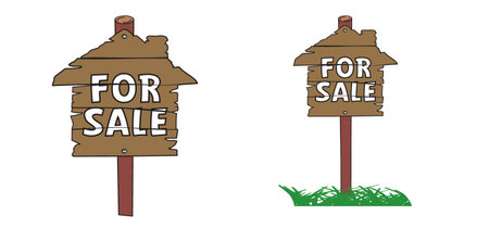 Wooden for sale sign board. Agent to advertise a house listing.  Sales or sold. Communication, marketing, for advertising with an agent broker.のイラスト素材