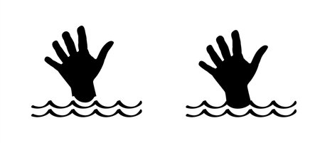 Cartoon man or woman to sink in to the water. Stickman and two hands of drowning man in sea asking for help.  Helplessness, begs for rescue. No swimming.のイラスト素材
