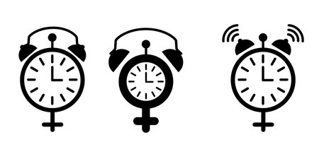 Time icon Clock for word menopause day. Concept hormone replacement therapy. Human alarm clock. Concept of menstrual period. Female estrogen and male testosterone level. Adrenaline hormone.のイラスト素材