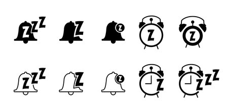 Sleeping bell.  Zzz Zzzz or slumber, bed sleep or snore symbol. Sleepy yawn or alarm clock. Insomnia sleeper and good night or good morning. Sleeping cock. watch signのイラスト素材