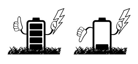 Batteries as stick figure. Cartoon battery charging stick man. charge indicator. Charge level, loading point. Level energy powerfully. Power, empty, full, low, up status.のイラスト素材