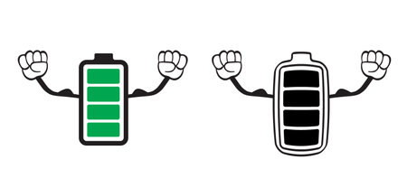 Power batteries as stick figure and biceps brachii. Cartoon battery charging stick man. charge indicator. Charge level, loading point. Level energy powerfully. Full, up or charged status.のイラスト素材