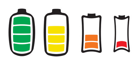 Cartoon battery charging. charge indicator. Charge level, loading point. Level energy powerfully. Power, empty, full, low, up status.のイラスト素材